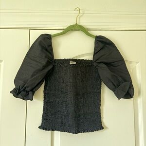 Reformation Black Linen Smocked Puff Sleeve Blouse